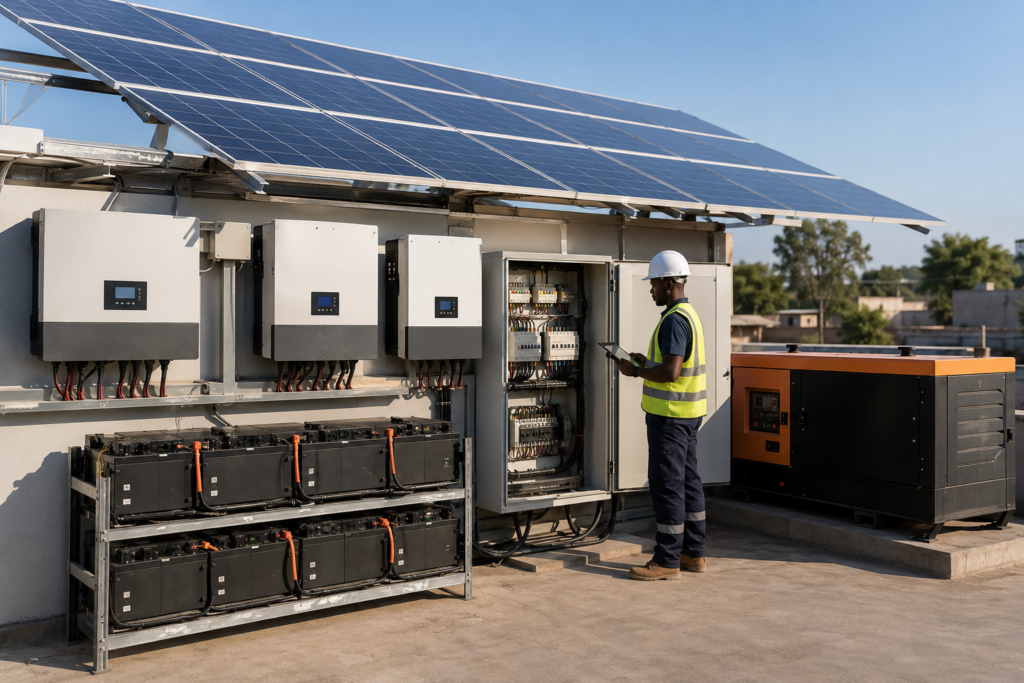 Installation hybride avec panneaux photovoltaïques, batteries et onduleur sur un bâtiment.