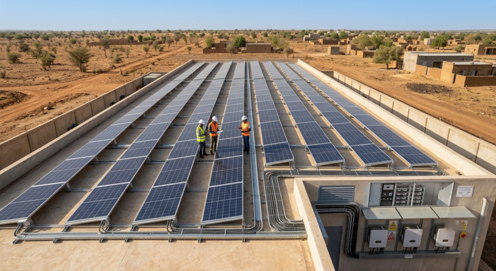 Installation solaire au Mali sur le toit d'un bâtiment professionnel équipée de panneaux photovoltaïques.