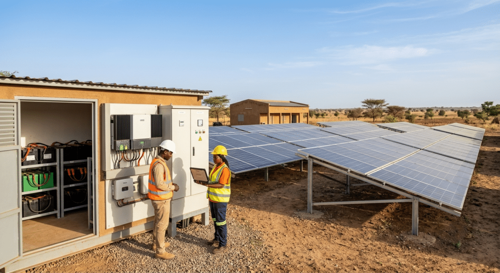 Installation solaire OFF-GRID alimentant une entreprise grâce à des panneaux photovoltaïques et des batteries au Mali